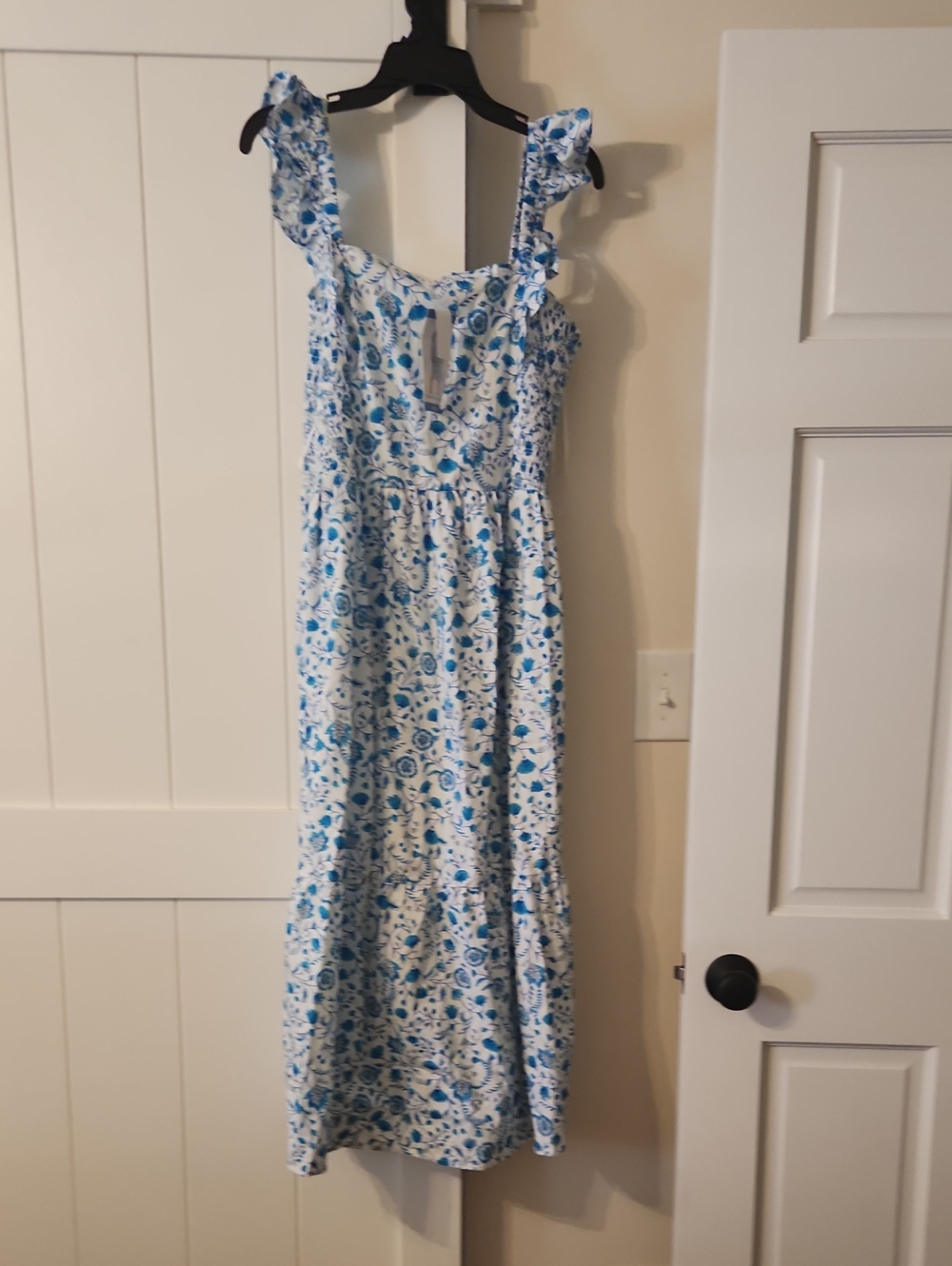 Draper James Flutter Strap Smocked Midi Dress Blue & White Large NWT